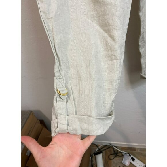 Ellen Tracy Sz L Beige 100% Linen Pants Roll Cuff Gold Buckle - Picture 3 of 9